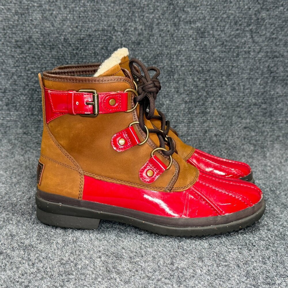 UGG Cecile Waterproof Duck Boots Women's Size 6‎ Brown Red Patent Leather Ankle